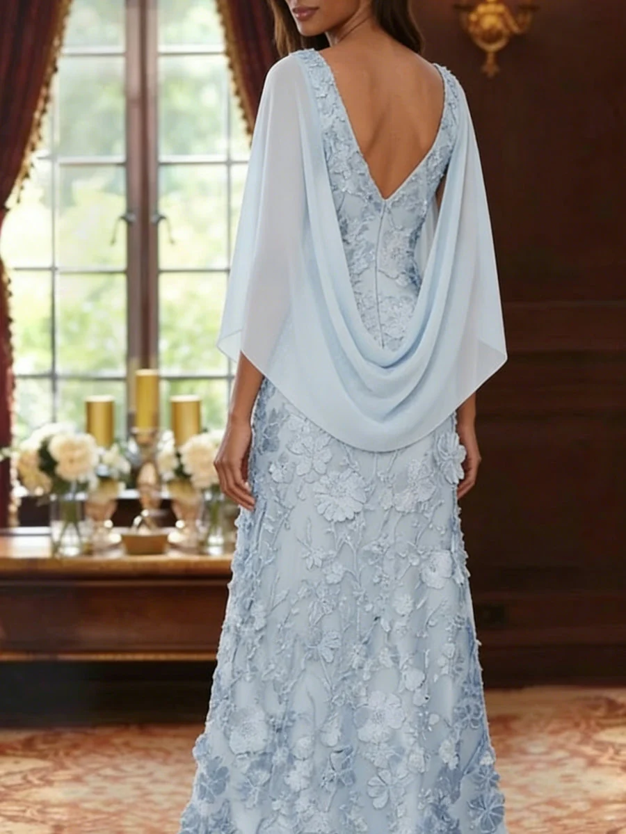 A-Line/Princess Scoop Chiffon Mother of the Bride Dresses Lace Floral Floor-Length Cape Sleeves - Image 2
