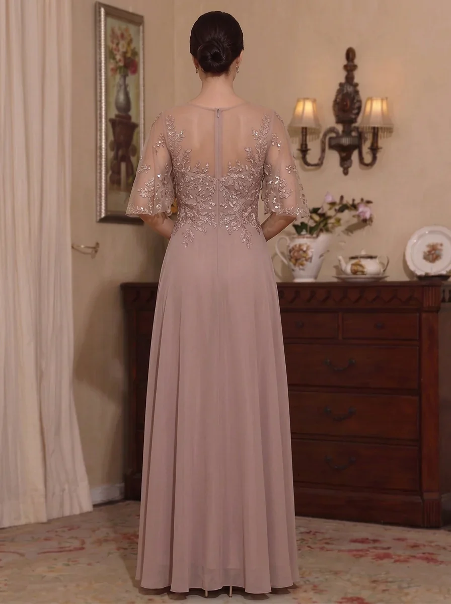 A-Line/Princess Scoop Chiffon Mother of the Bride Dresses Lace Floral Floor-Length Half Sleeves - Image 2