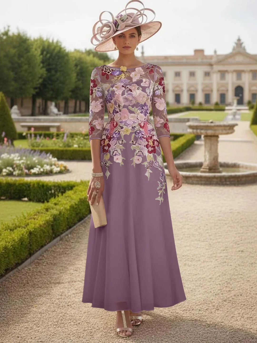 A-Line/Princess Scoop Chiffon Mother of the Bride Dresses Lace Floral Half Sleeves Ankle-Length - Image 14