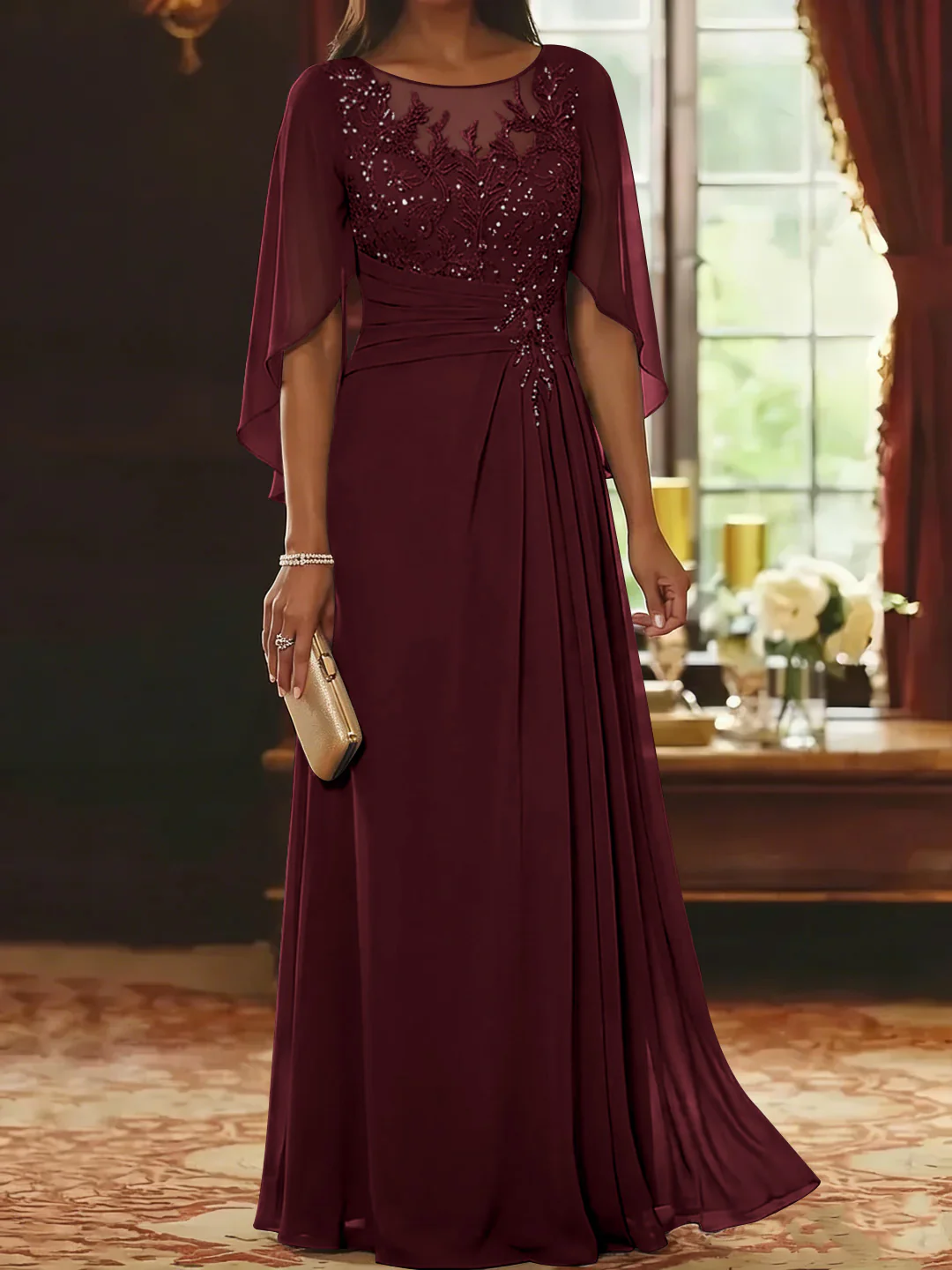 A-Line/Princess Scoop Chiffon Mother of the Bride Dresses Lace Half Sleeves Floor-Length - Image 11