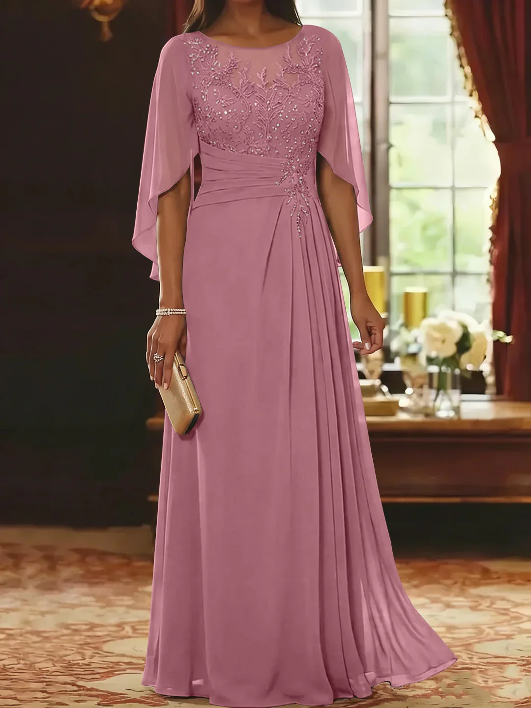 A-Line/Princess Scoop Chiffon Mother of the Bride Dresses Lace Half Sleeves Floor-Length - Image 12