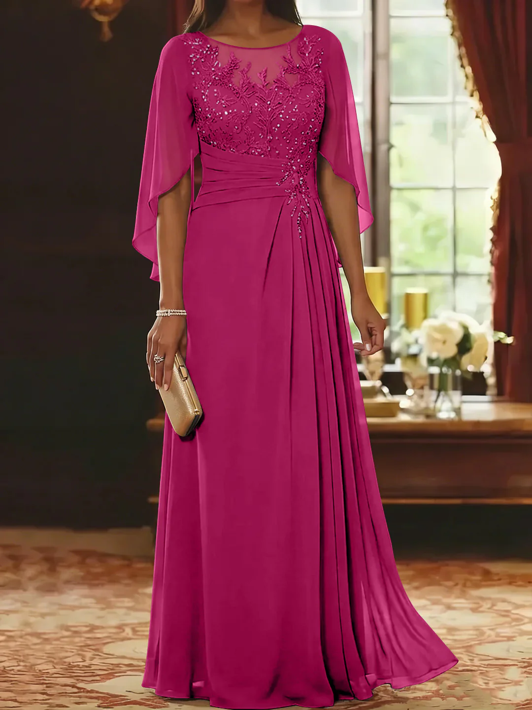 A-Line/Princess Scoop Chiffon Mother of the Bride Dresses Lace Half Sleeves Floor-Length - Image 22