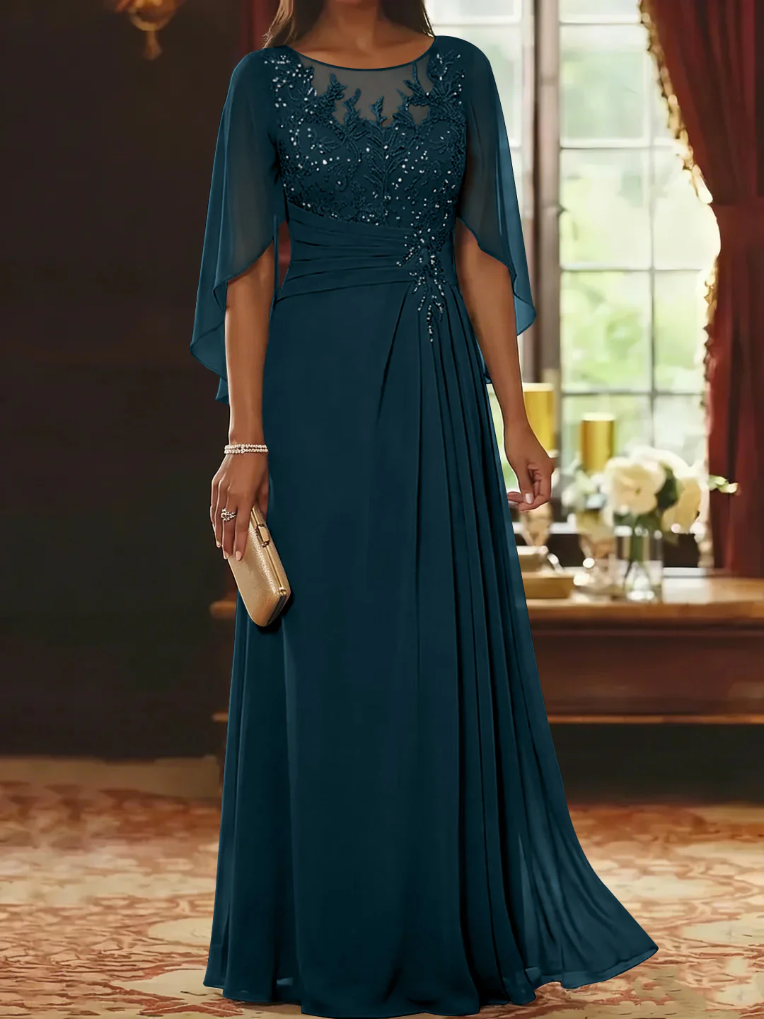 A-Line/Princess Scoop Chiffon Mother of the Bride Dresses Lace Half Sleeves Floor-Length - Image 26