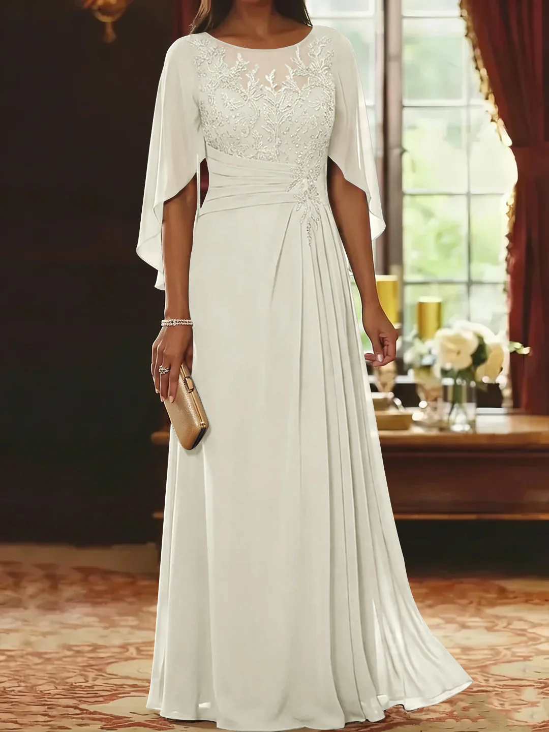 A-Line/Princess Scoop Chiffon Mother of the Bride Dresses Lace Half Sleeves Floor-Length - Image 27