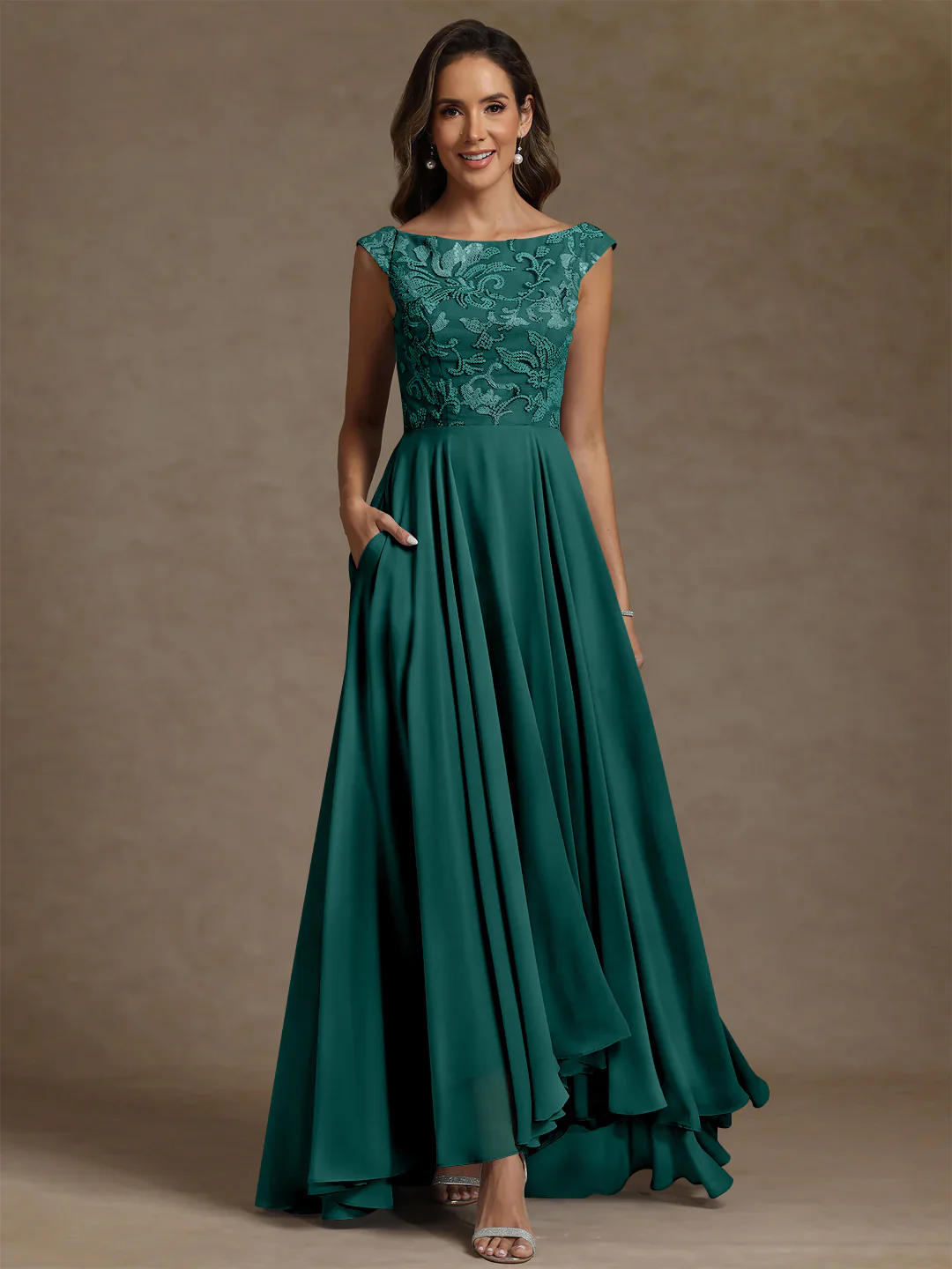 A-Line/Princess Scoop Chiffon Mother of the Bride Dresses Lace Sequins Floor-Length Sleeveless Pleated - Image 15