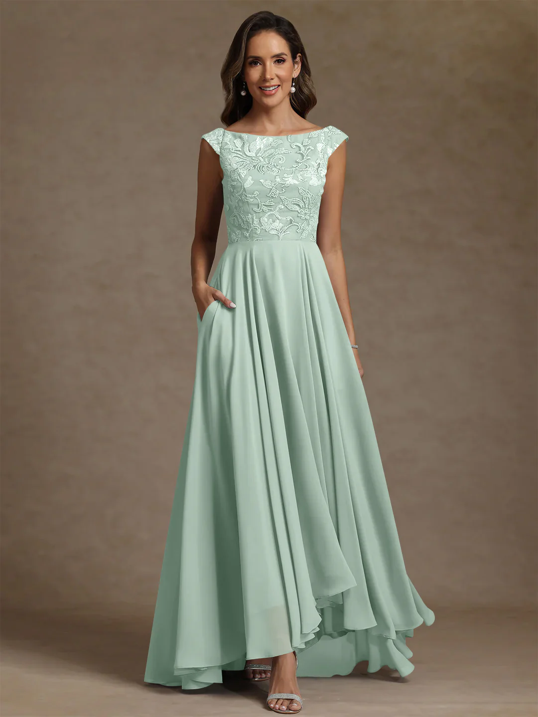 A-Line/Princess Scoop Chiffon Mother of the Bride Dresses Lace Sequins Floor-Length Sleeveless Pleated - Image 32