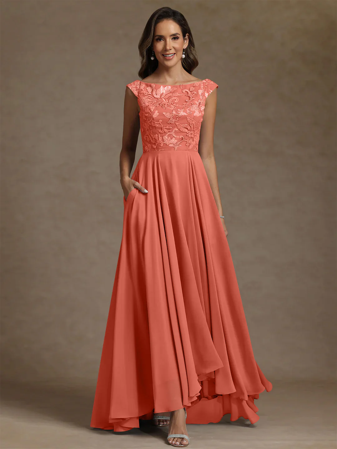 A-Line/Princess Scoop Chiffon Mother of the Bride Dresses Lace Sequins Floor-Length Sleeveless Pleated - Image 37