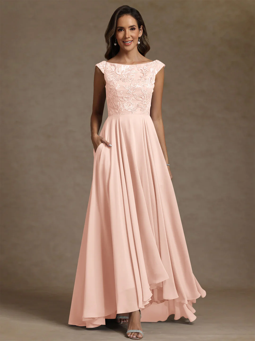 A-Line/Princess Scoop Chiffon Mother of the Bride Dresses Lace Sequins Floor-Length Sleeveless Pleated - Image 39