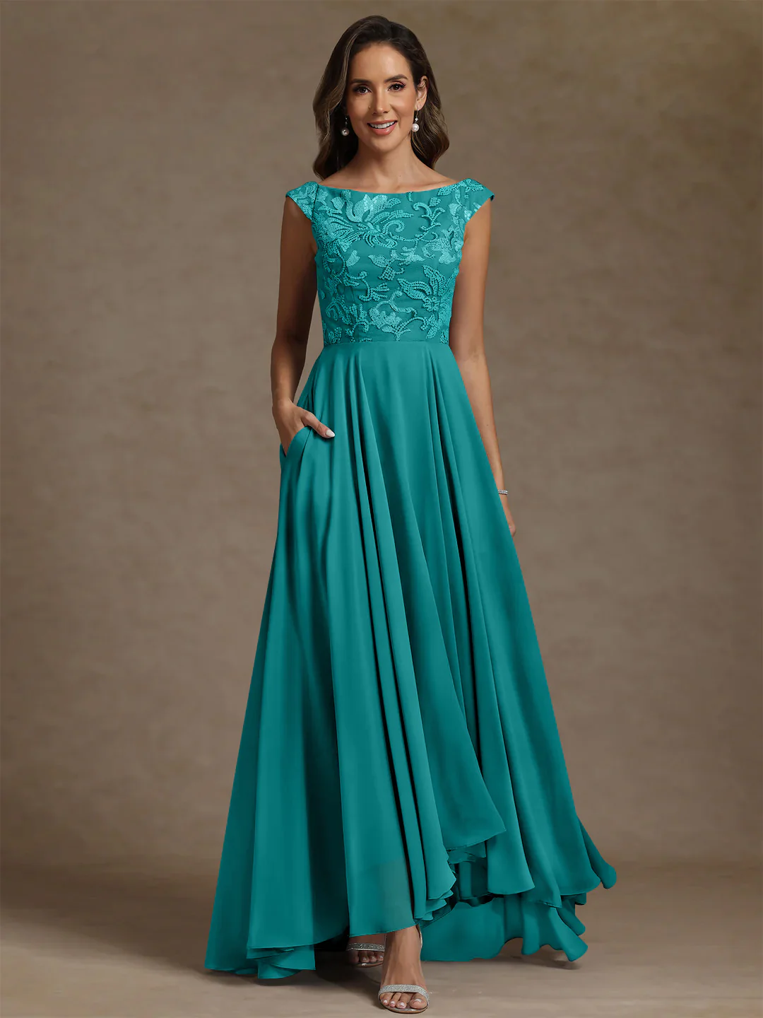 A-Line/Princess Scoop Chiffon Mother of the Bride Dresses Lace Sequins Floor-Length Sleeveless Pleated - Image 40