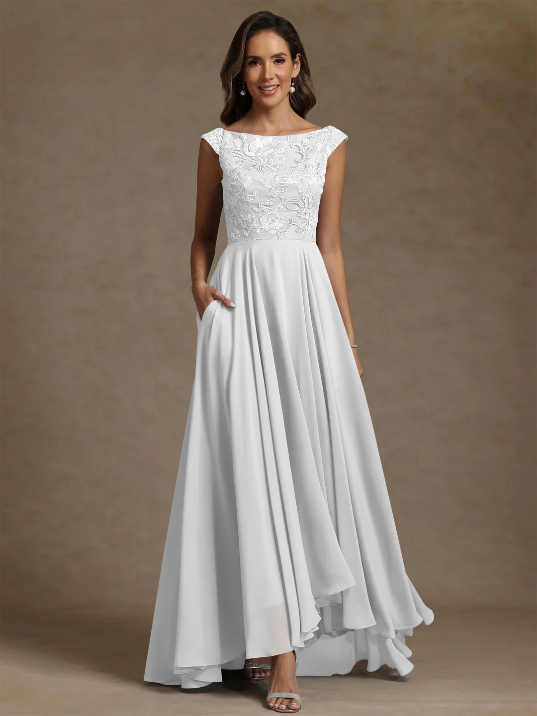 A-Line/Princess Scoop Chiffon Mother of the Bride Dresses Lace Sequins Floor-Length Sleeveless Pleated - Image 50