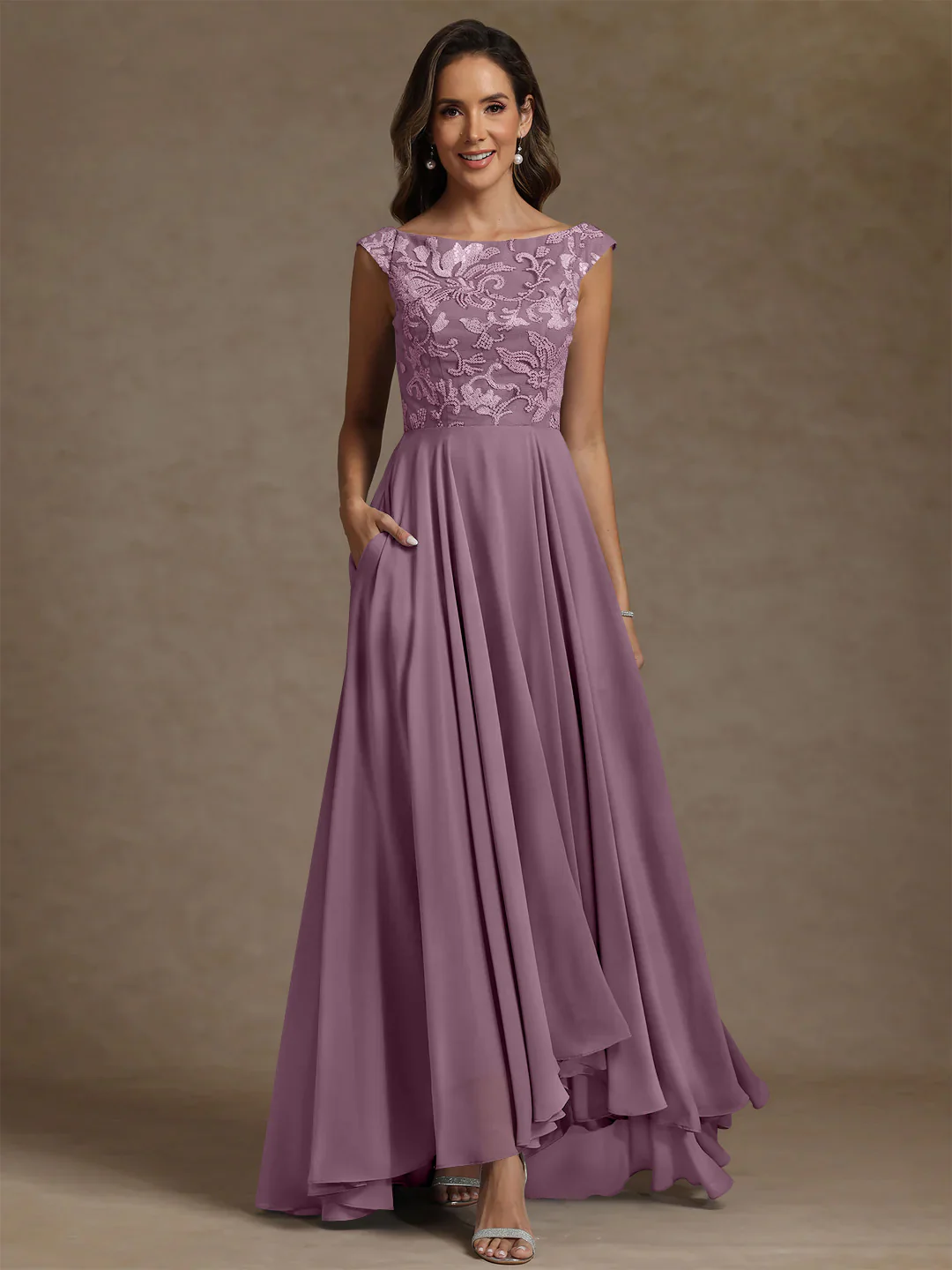 A-Line/Princess Scoop Chiffon Mother of the Bride Dresses Lace Sequins Floor-Length Sleeveless Pleated - Image 52