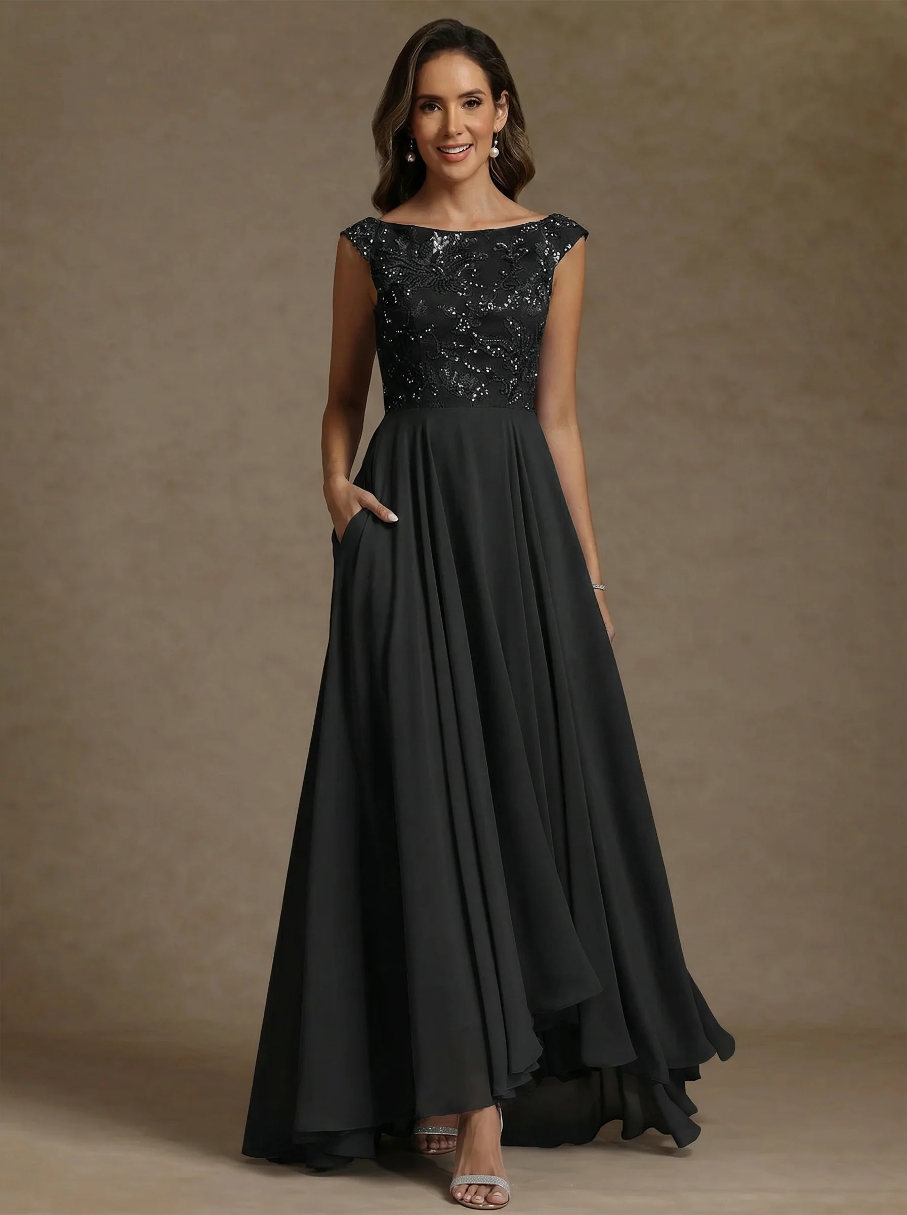 A-Line/Princess Scoop Chiffon Mother of the Bride Dresses Lace Sequins Floor-Length Sleeveless Pleated - Image 6