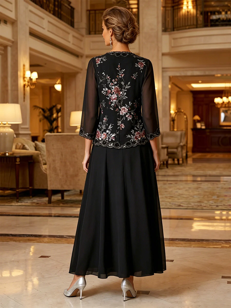 A-Line/Princess Scoop Chiffon Mother of the Bride Dresses with Jacket Floral 3/4 Sleeves Ankle-Length - Image 2