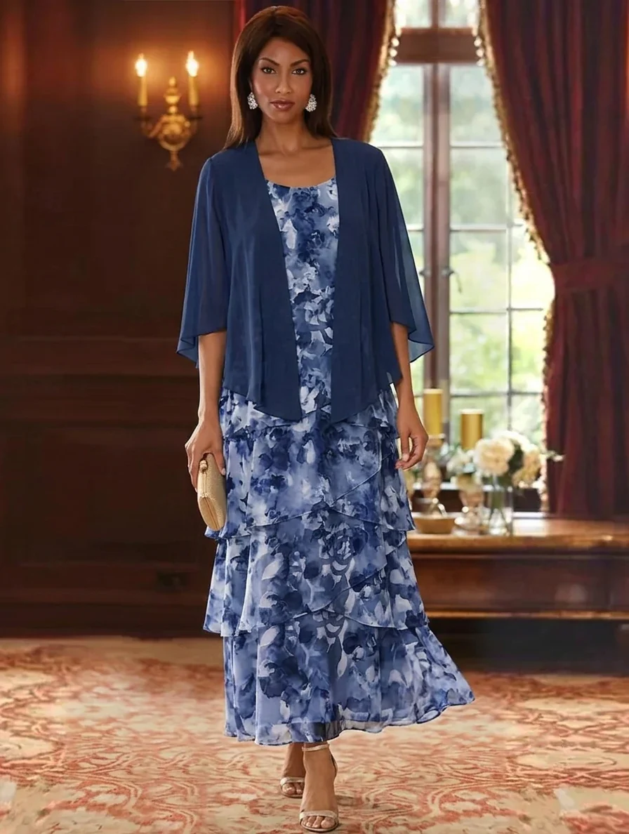 A-Line/Princess Scoop Chiffon Mother of the Bride Dresses with Jacket Floral Ankle-Length 3/4 Sleeves - Image 5
