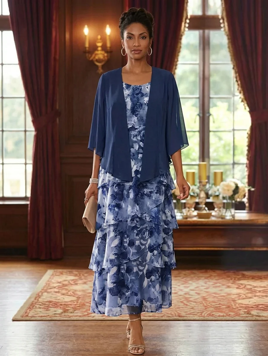 A-Line/Princess Scoop Chiffon Mother of the Bride Dresses with Jacket Floral Ankle-Length 3/4 Sleeves - Image 6
