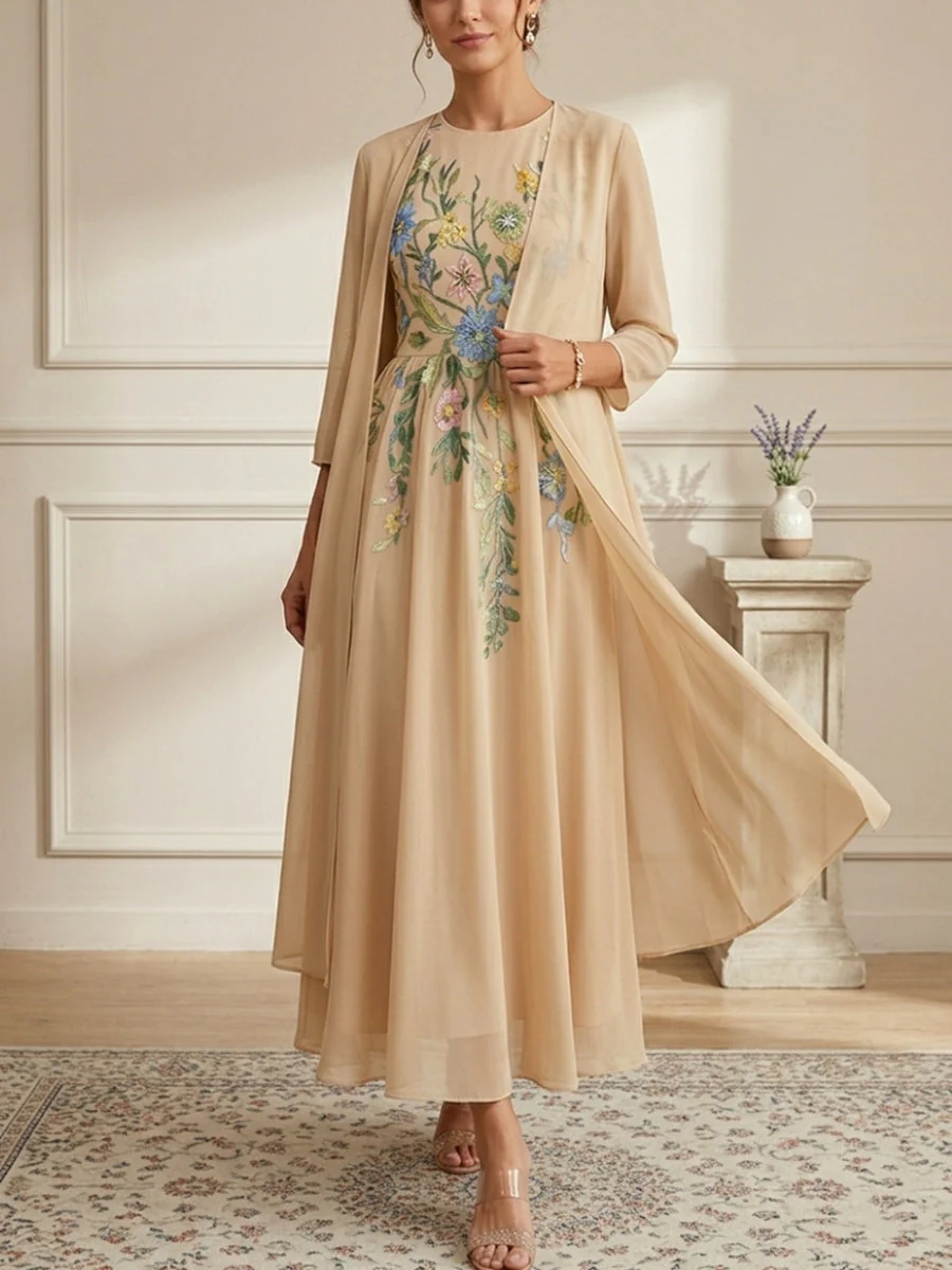 A-Line/Princess Scoop Chiffon Mother of the Bride Dresses with Jacket Lace Floral 3/4 Sleeves Ankle-Length - Image 2