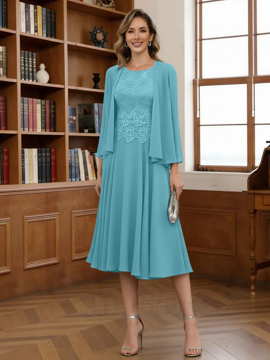 A-Line/Princess Scoop Chiffon Mother of the Bride Dresses with Jacket Tea-Length Long Sleeves Lace - Image 12