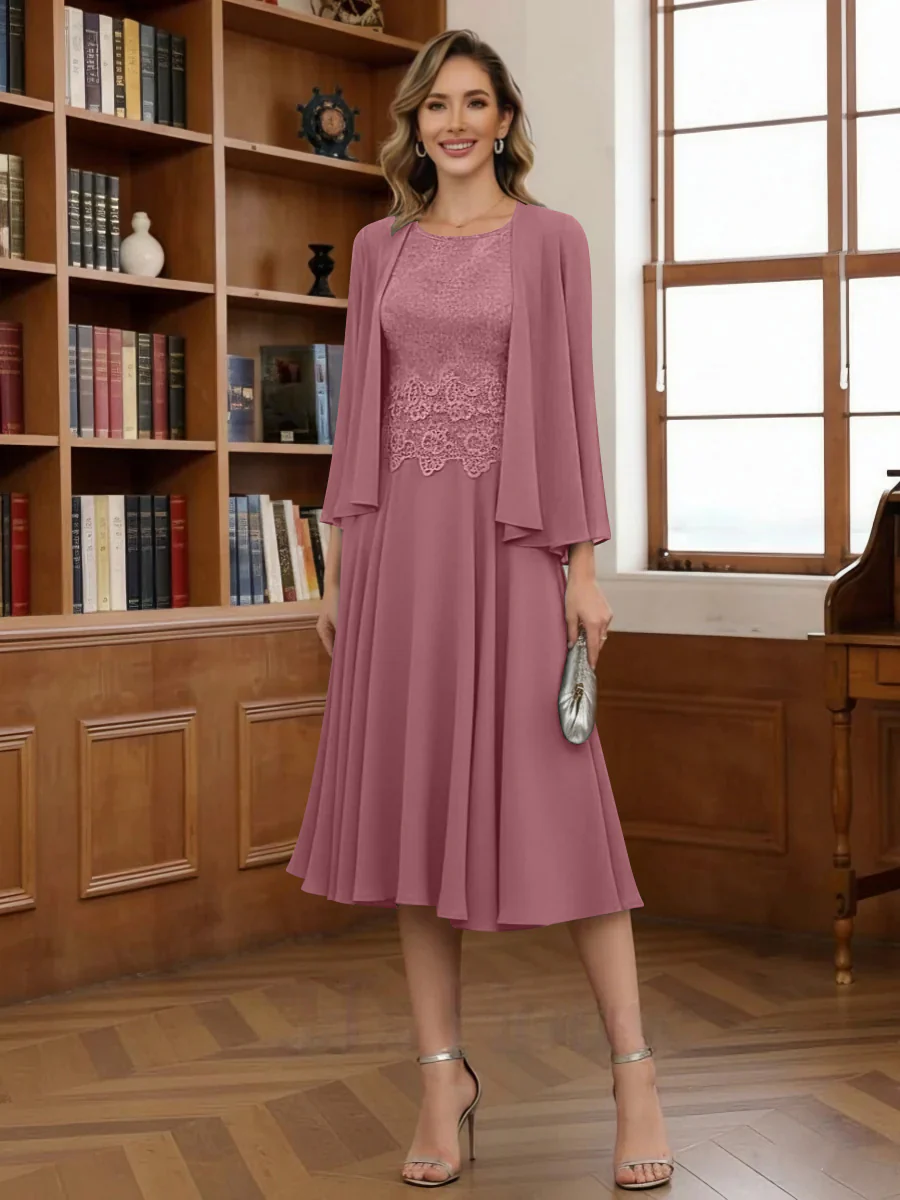 A-Line/Princess Scoop Chiffon Mother of the Bride Dresses with Jacket Tea-Length Long Sleeves Lace - Image 15