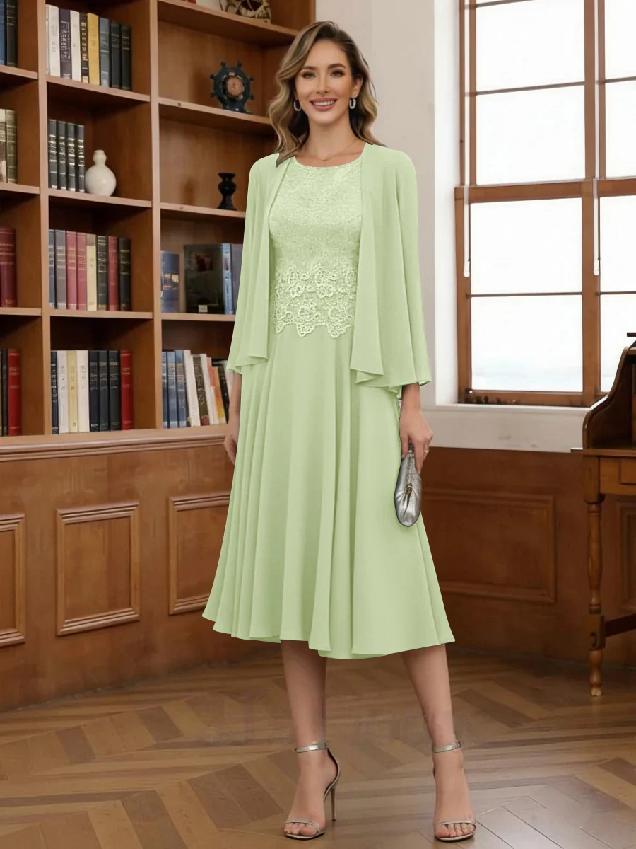 A-Line/Princess Scoop Chiffon Mother of the Bride Dresses with Jacket Tea-Length Long Sleeves Lace - Image 16