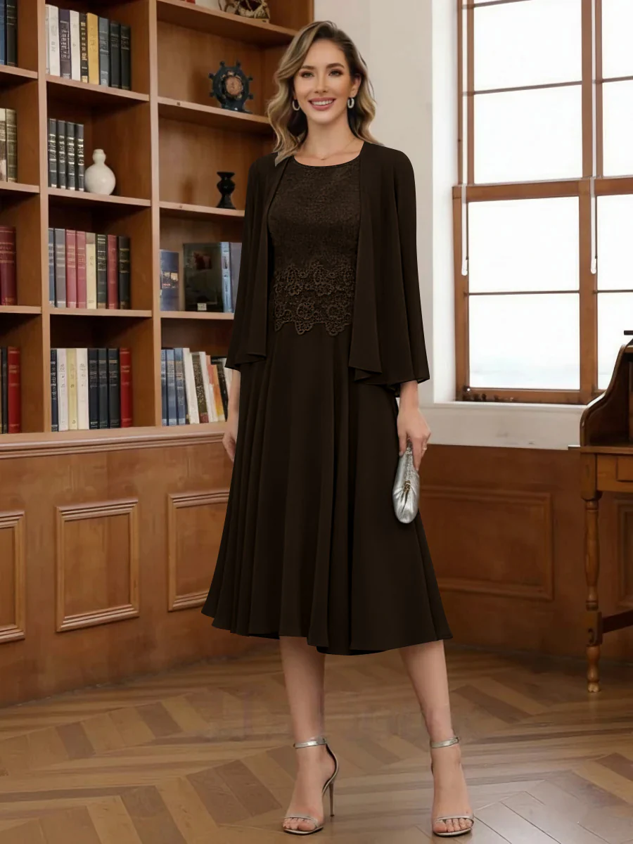 A-Line/Princess Scoop Chiffon Mother of the Bride Dresses with Jacket Tea-Length Long Sleeves Lace - Image 17
