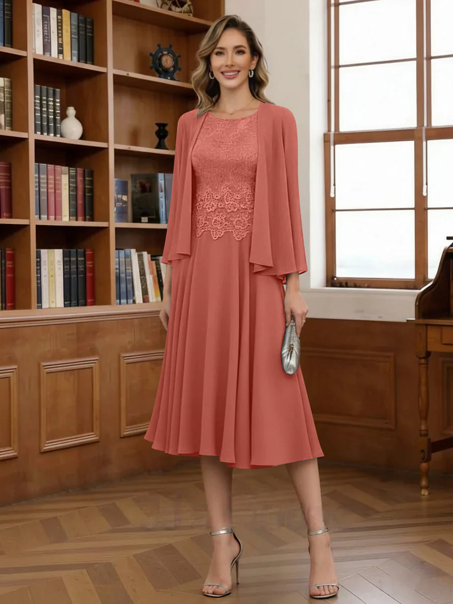 A-Line/Princess Scoop Chiffon Mother of the Bride Dresses with Jacket Tea-Length Long Sleeves Lace - Image 18