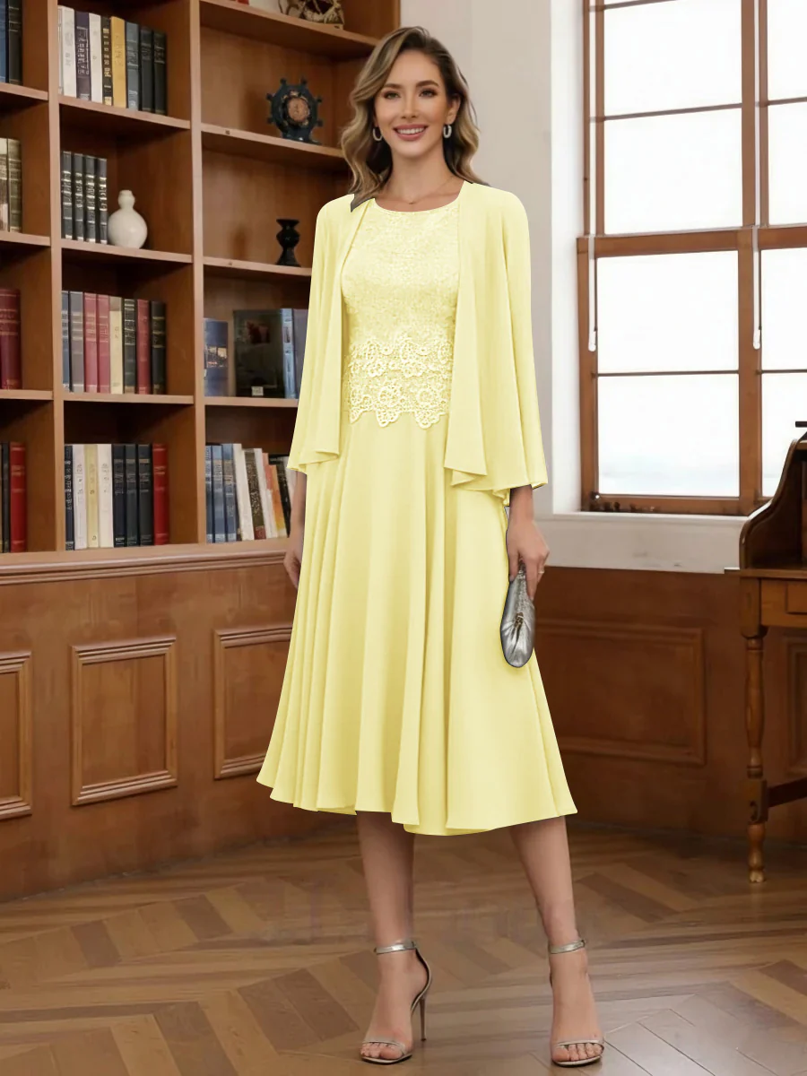 A-Line/Princess Scoop Chiffon Mother of the Bride Dresses with Jacket Tea-Length Long Sleeves Lace - Image 19