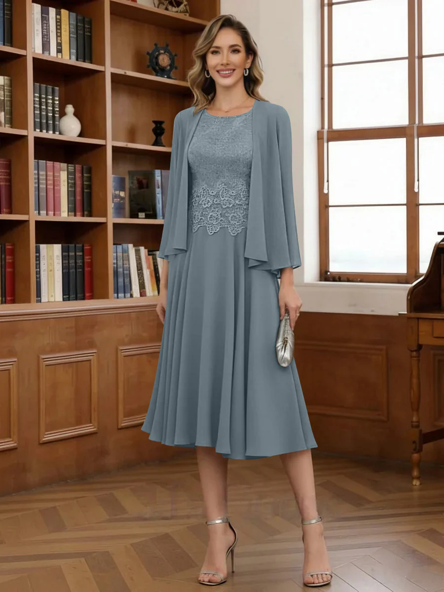 A-Line/Princess Scoop Chiffon Mother of the Bride Dresses with Jacket Tea-Length Long Sleeves Lace - Image 21