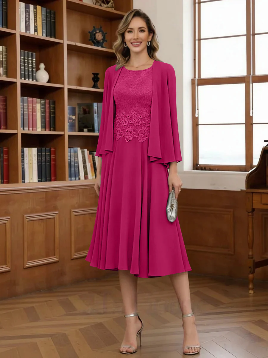 A-Line/Princess Scoop Chiffon Mother of the Bride Dresses with Jacket Tea-Length Long Sleeves Lace - Image 23