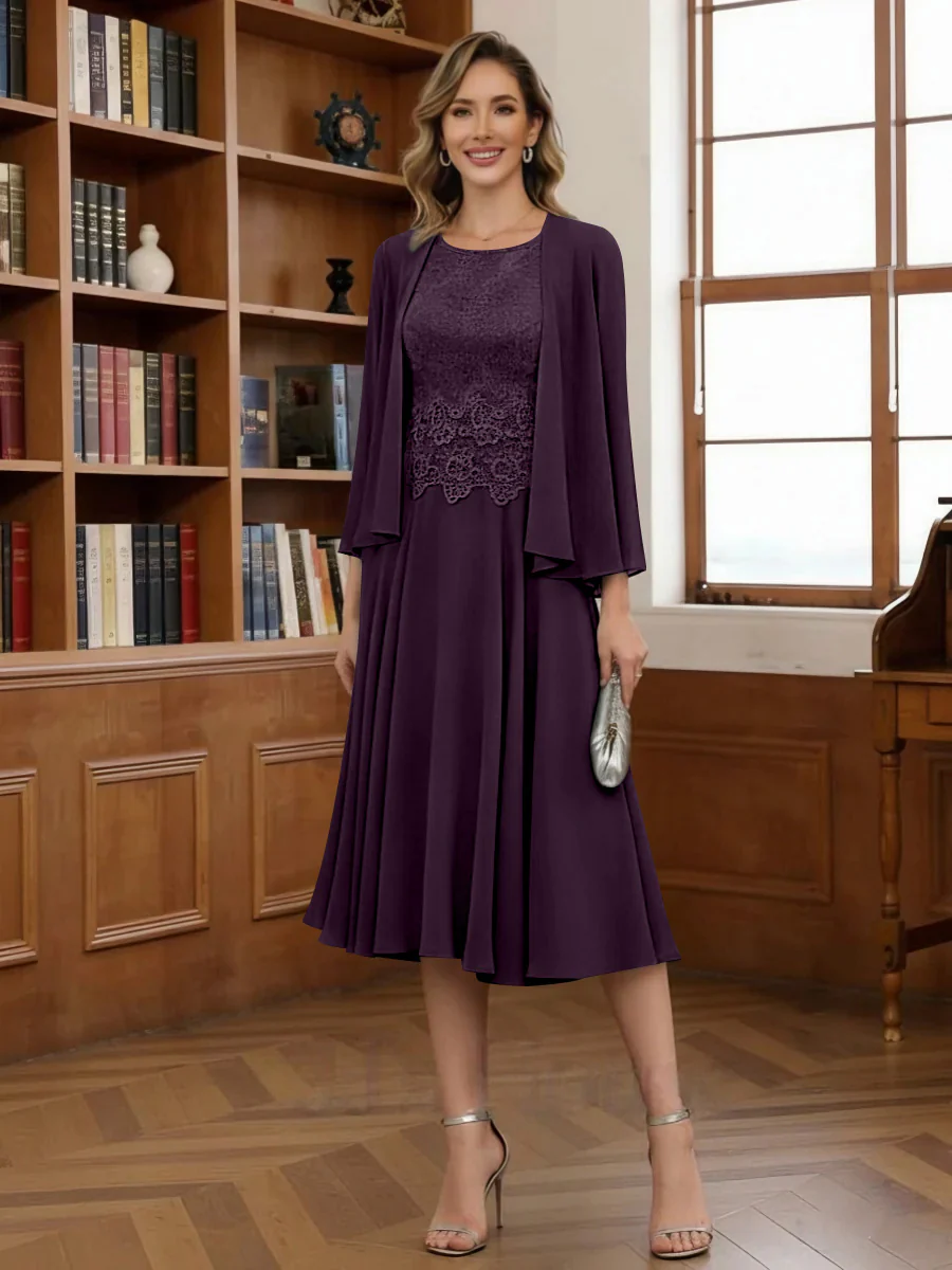 A-Line/Princess Scoop Chiffon Mother of the Bride Dresses with Jacket Tea-Length Long Sleeves Lace - Image 25