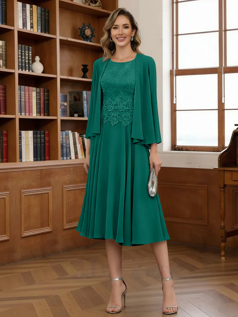 A-Line/Princess Scoop Chiffon Mother of the Bride Dresses with Jacket Tea-Length Long Sleeves Lace - Image 29