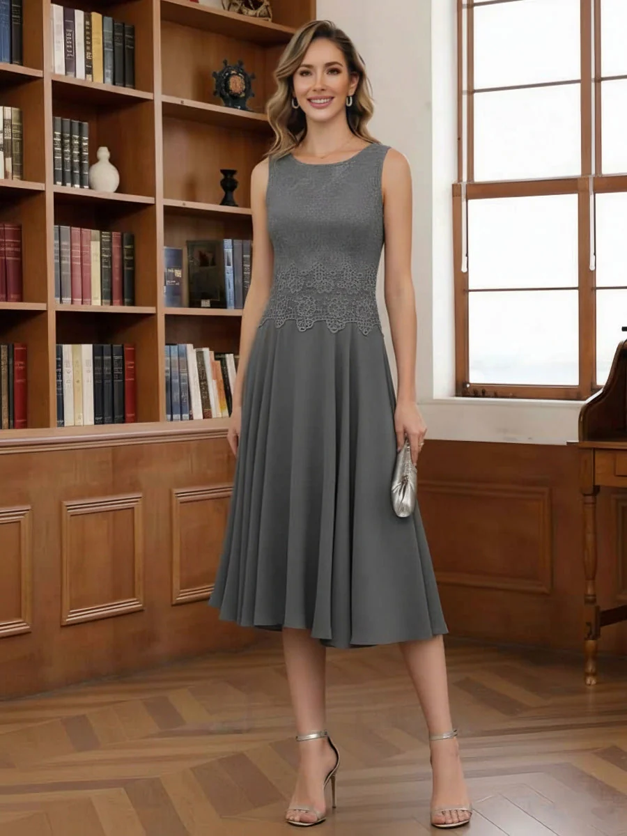 A-Line/Princess Scoop Chiffon Mother of the Bride Dresses with Jacket Tea-Length Long Sleeves Lace - Image 3