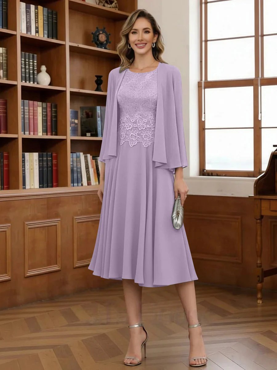 A-Line/Princess Scoop Chiffon Mother of the Bride Dresses with Jacket Tea-Length Long Sleeves Lace - Image 31