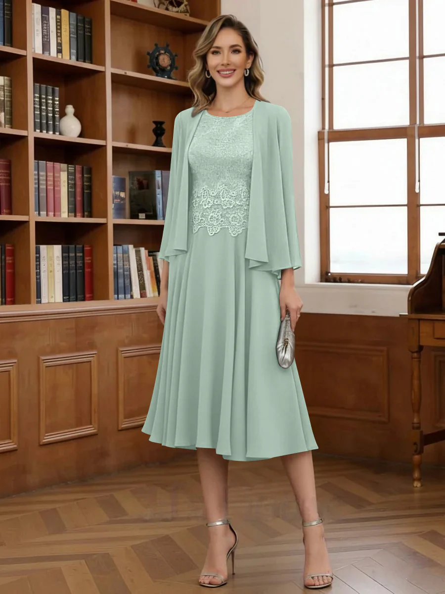 A-Line/Princess Scoop Chiffon Mother of the Bride Dresses with Jacket Tea-Length Long Sleeves Lace - Image 32