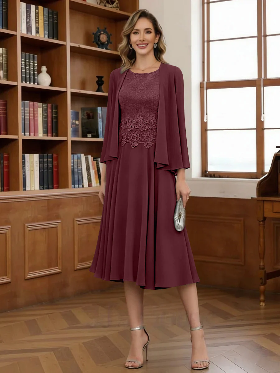 A-Line/Princess Scoop Chiffon Mother of the Bride Dresses with Jacket Tea-Length Long Sleeves Lace - Image 33