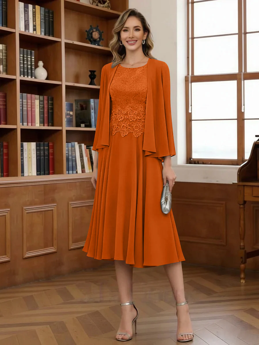 A-Line/Princess Scoop Chiffon Mother of the Bride Dresses with Jacket Tea-Length Long Sleeves Lace - Image 35