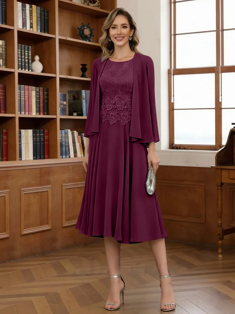 A-Line/Princess Scoop Chiffon Mother of the Bride Dresses with Jacket Tea-Length Long Sleeves Lace - Image 36