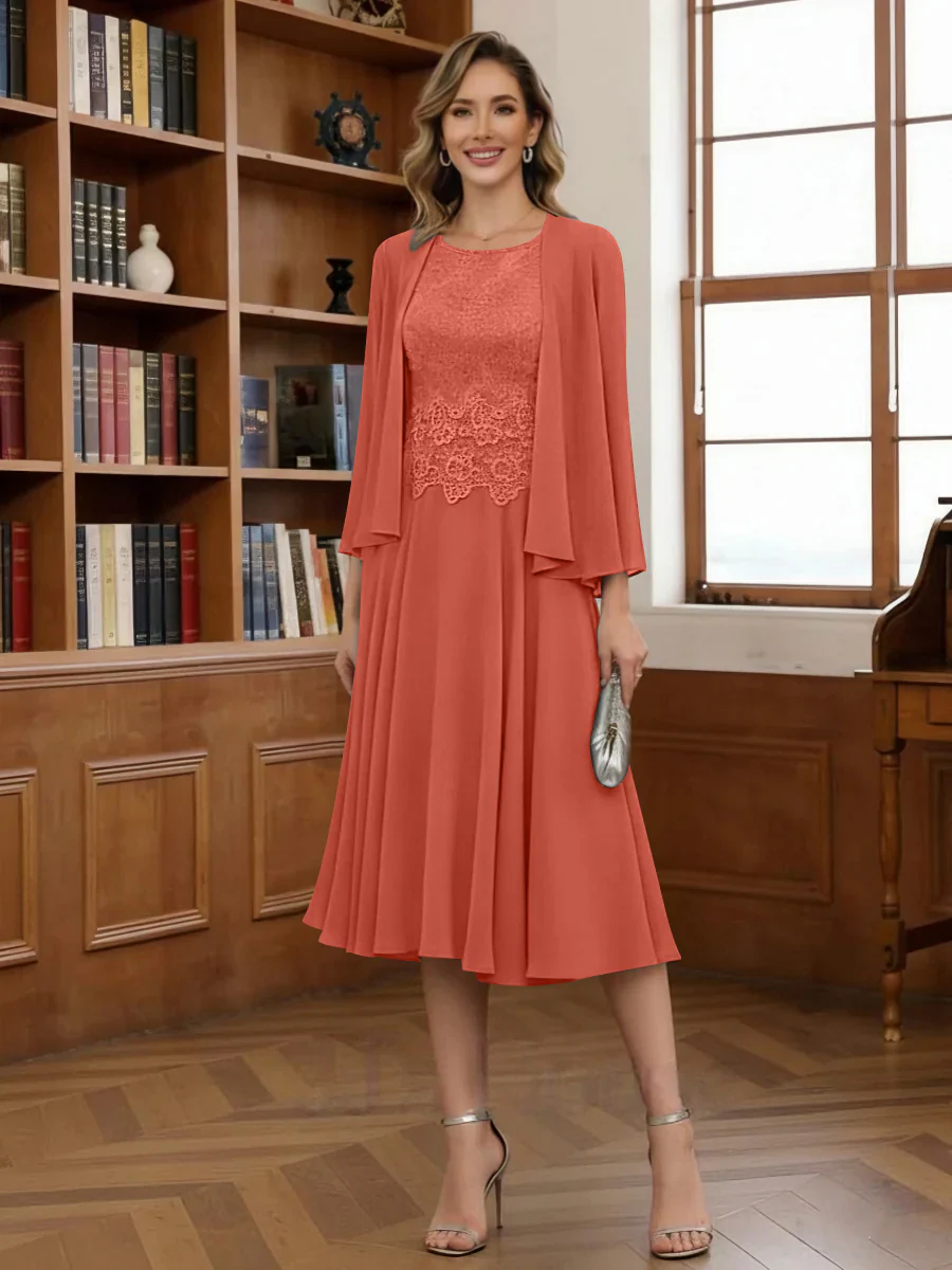 A-Line/Princess Scoop Chiffon Mother of the Bride Dresses with Jacket Tea-Length Long Sleeves Lace - Image 37