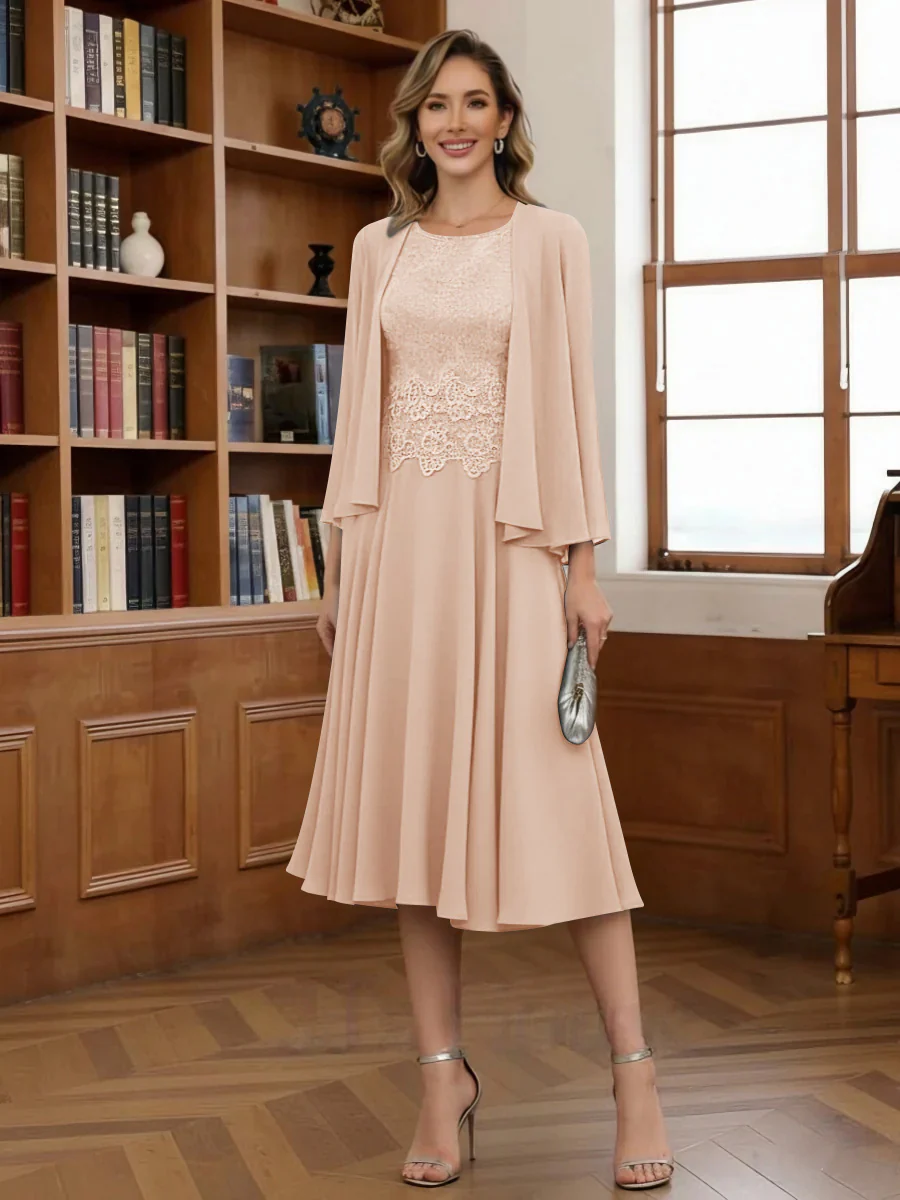 A-Line/Princess Scoop Chiffon Mother of the Bride Dresses with Jacket Tea-Length Long Sleeves Lace - Image 38