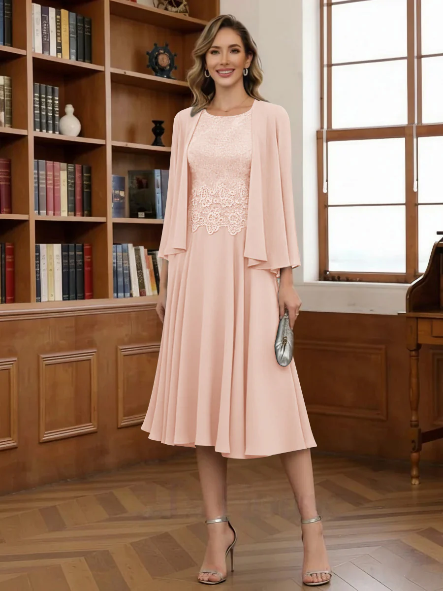 A-Line/Princess Scoop Chiffon Mother of the Bride Dresses with Jacket Tea-Length Long Sleeves Lace - Image 39