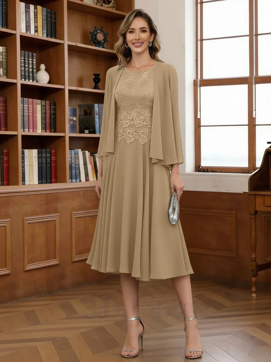 A-Line/Princess Scoop Chiffon Mother of the Bride Dresses with Jacket Tea-Length Long Sleeves Lace - Image 4