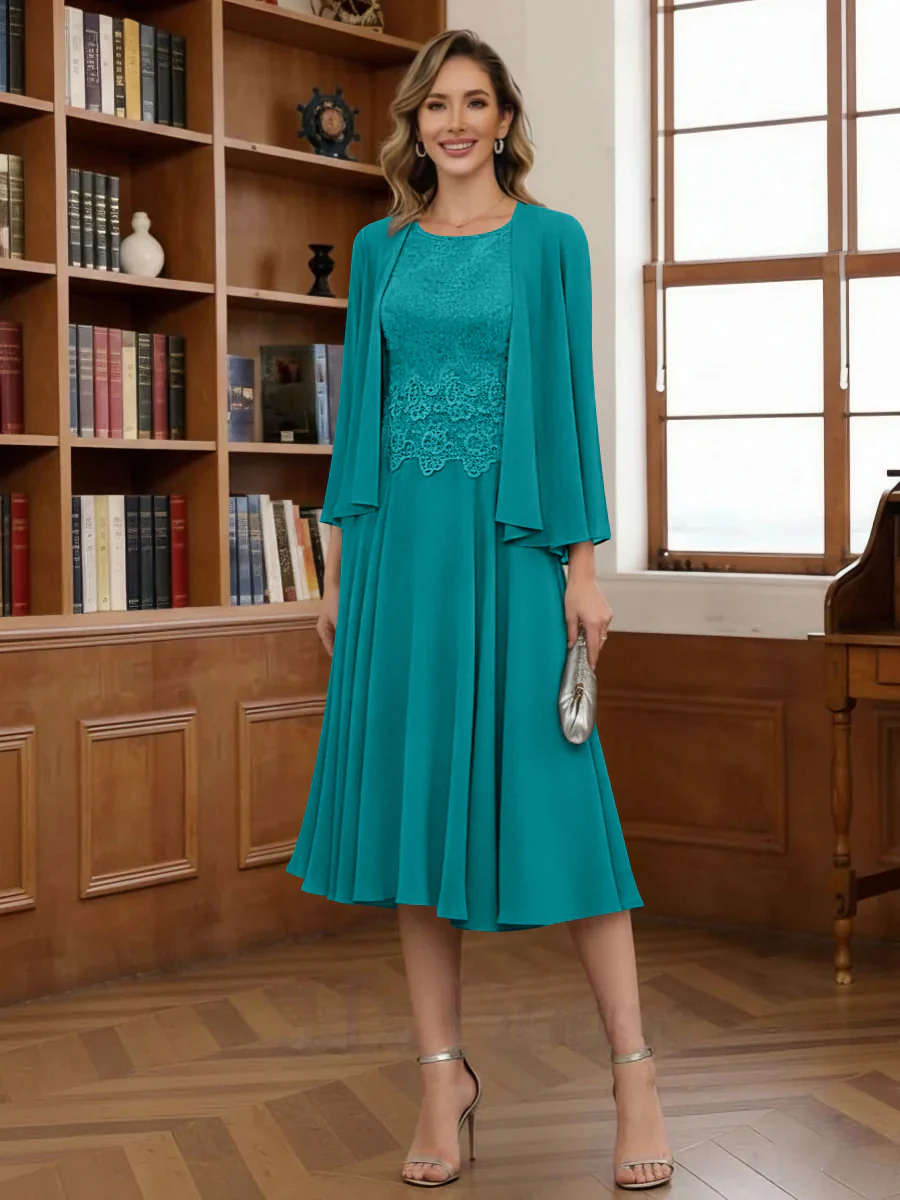 A-Line/Princess Scoop Chiffon Mother of the Bride Dresses with Jacket Tea-Length Long Sleeves Lace - Image 40