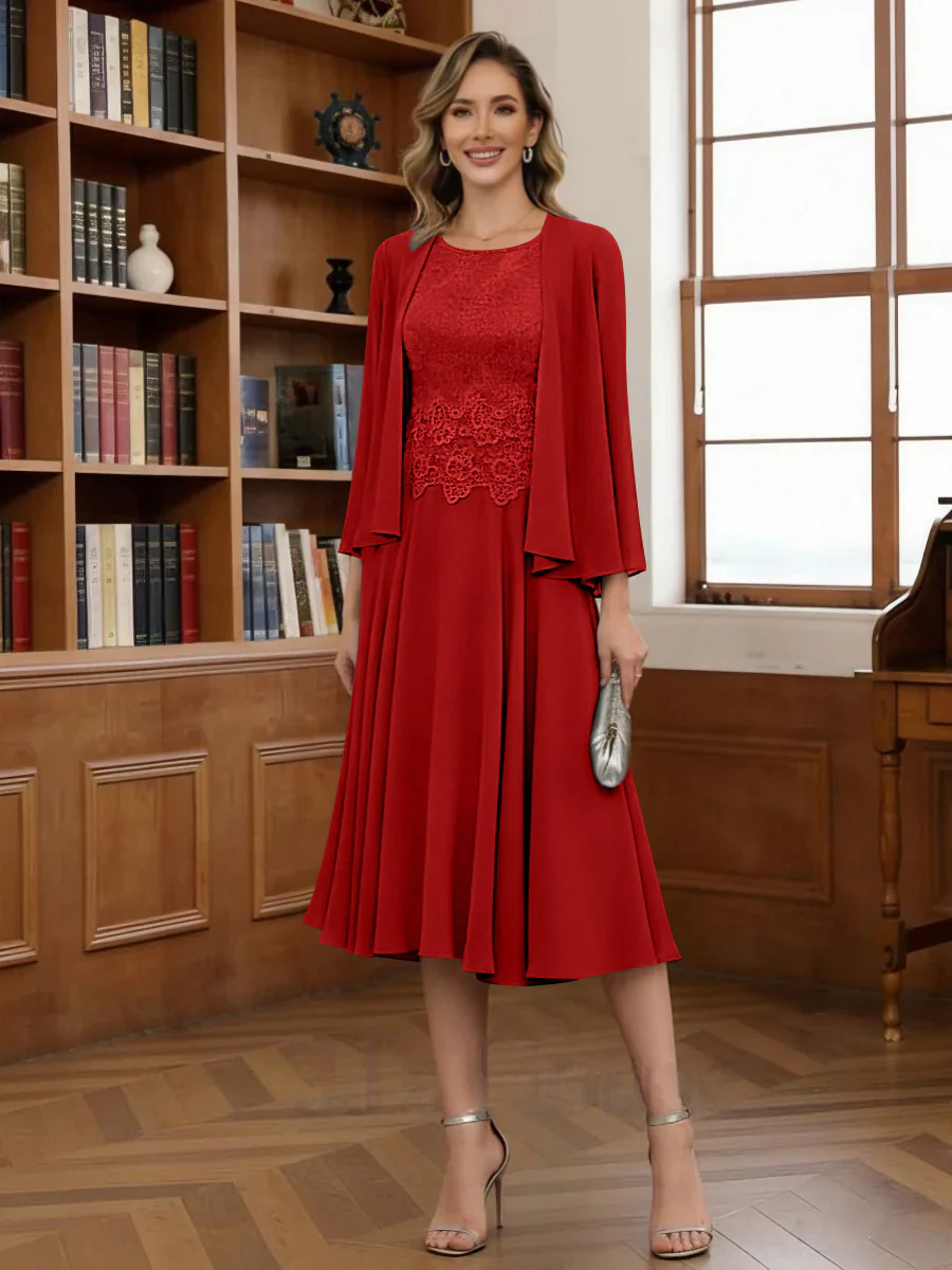 A-Line/Princess Scoop Chiffon Mother of the Bride Dresses with Jacket Tea-Length Long Sleeves Lace - Image 41