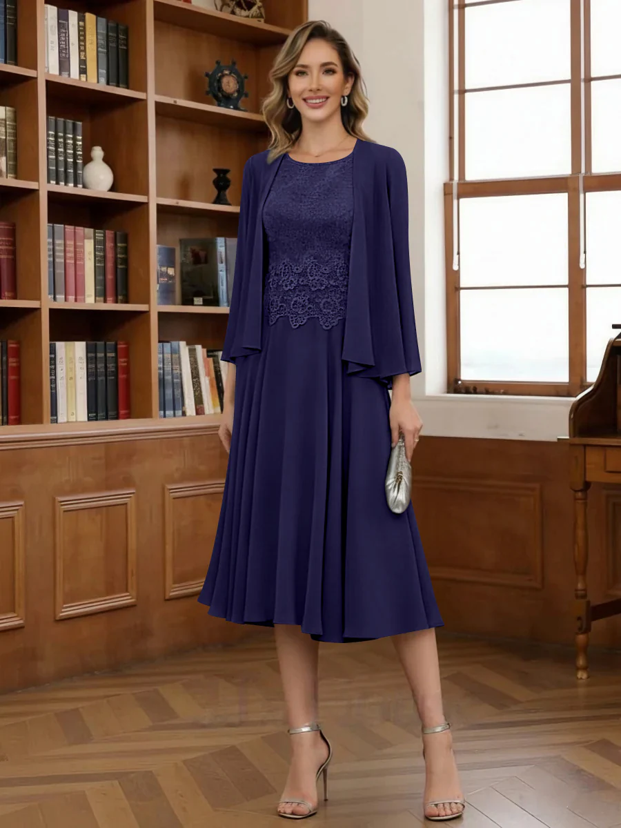 A-Line/Princess Scoop Chiffon Mother of the Bride Dresses with Jacket Tea-Length Long Sleeves Lace - Image 42