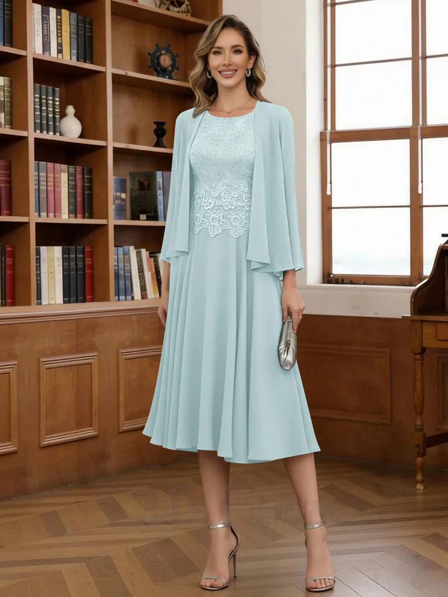 A-Line/Princess Scoop Chiffon Mother of the Bride Dresses with Jacket Tea-Length Long Sleeves Lace - Image 45