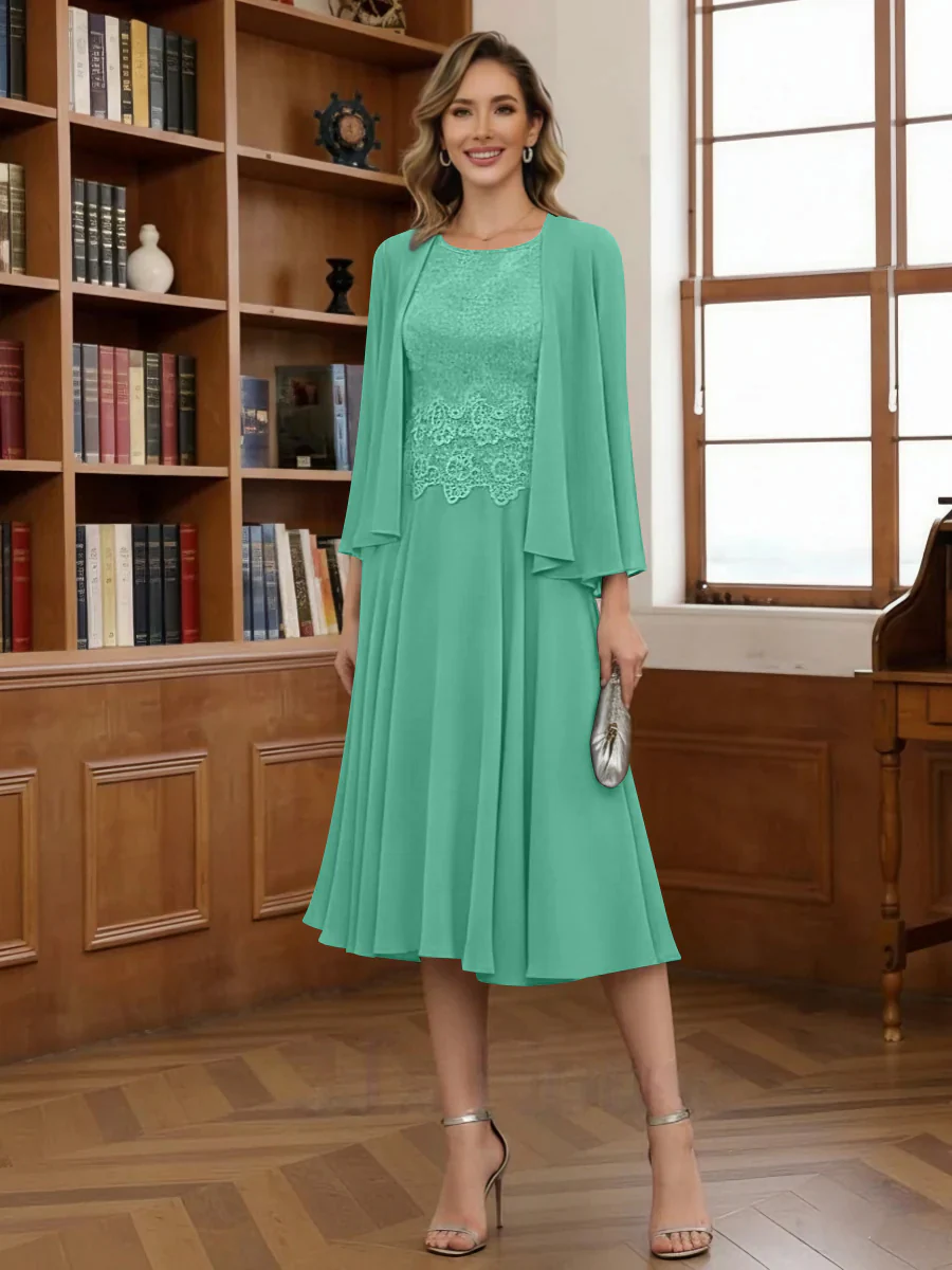 A-Line/Princess Scoop Chiffon Mother of the Bride Dresses with Jacket Tea-Length Long Sleeves Lace - Image 46