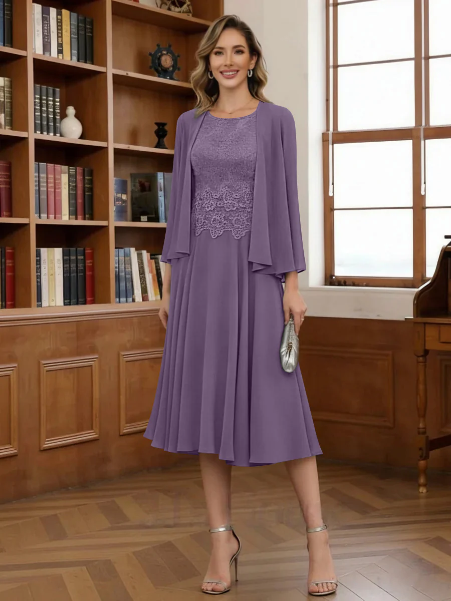 A-Line/Princess Scoop Chiffon Mother of the Bride Dresses with Jacket Tea-Length Long Sleeves Lace - Image 47