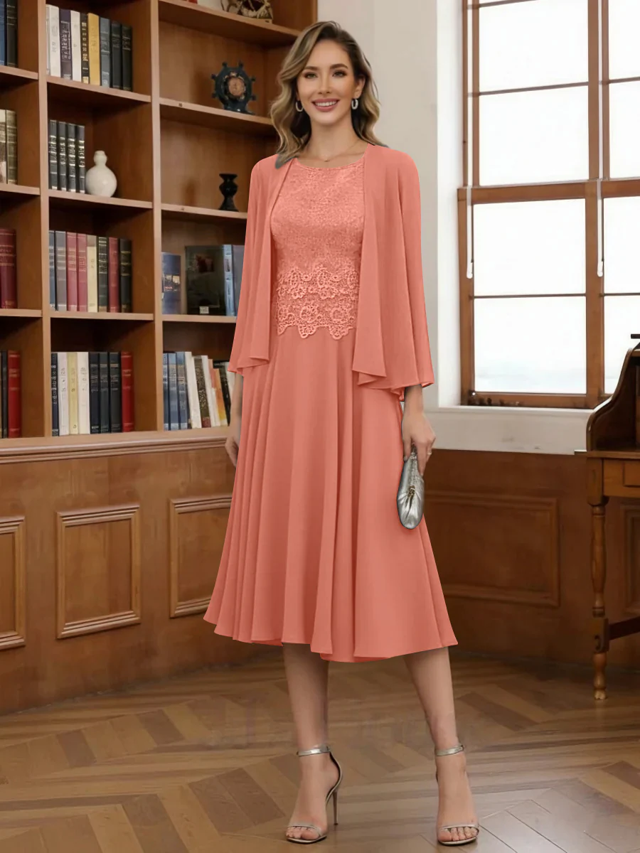 A-Line/Princess Scoop Chiffon Mother of the Bride Dresses with Jacket Tea-Length Long Sleeves Lace - Image 49