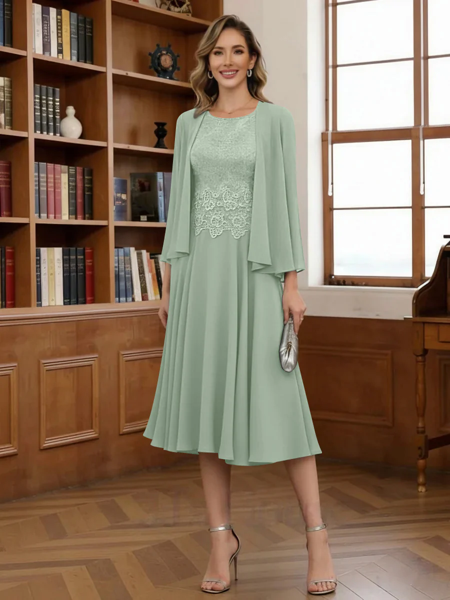 A-Line/Princess Scoop Chiffon Mother of the Bride Dresses with Jacket Tea-Length Long Sleeves Lace - Image 5