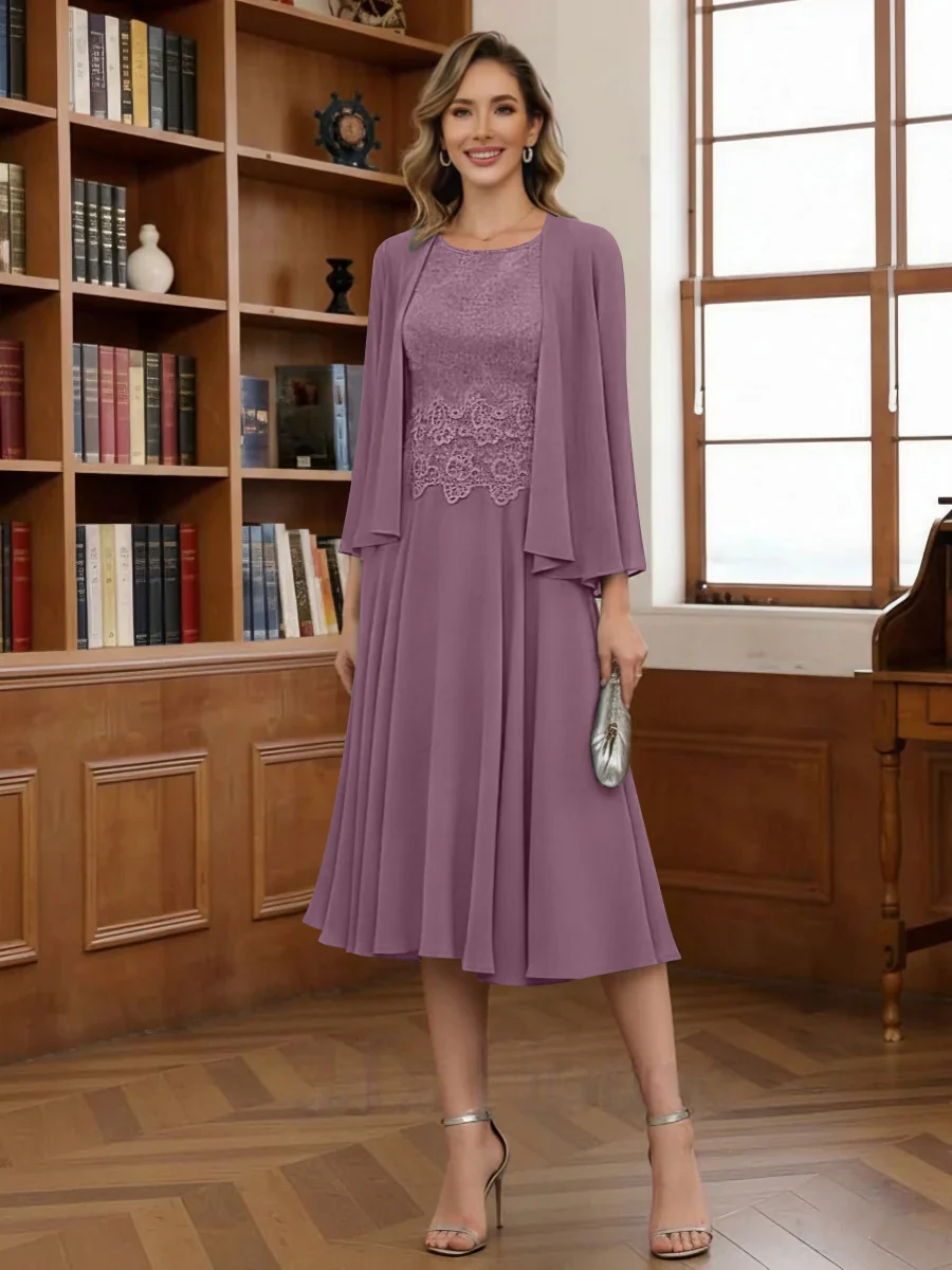 A-Line/Princess Scoop Chiffon Mother of the Bride Dresses with Jacket Tea-Length Long Sleeves Lace - Image 52