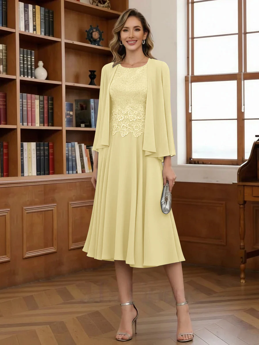 A-Line/Princess Scoop Chiffon Mother of the Bride Dresses with Jacket Tea-Length Long Sleeves Lace - Image 53